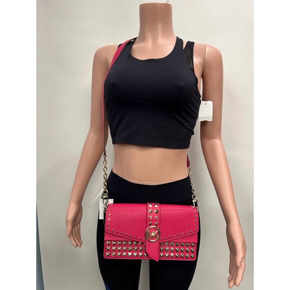 Michael Kors Greenwich Medium Studded Saffiano Leather Shoulder Bag - Rubin Red - Picture 5 of 8